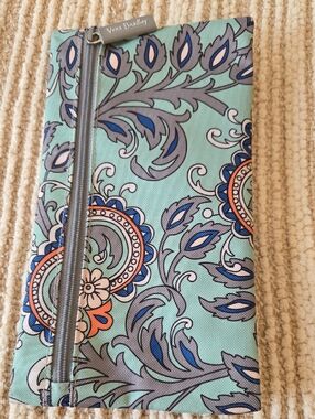 Vera Bradley Mint Paisley Double Sided Zip Pouch with Coral Accents